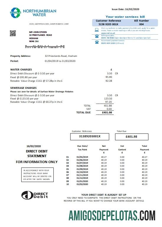 Em branco modelo de conta de serviços públicos de água da Nortúmbria do Reino Unido em formato Word e PDF, versão 2